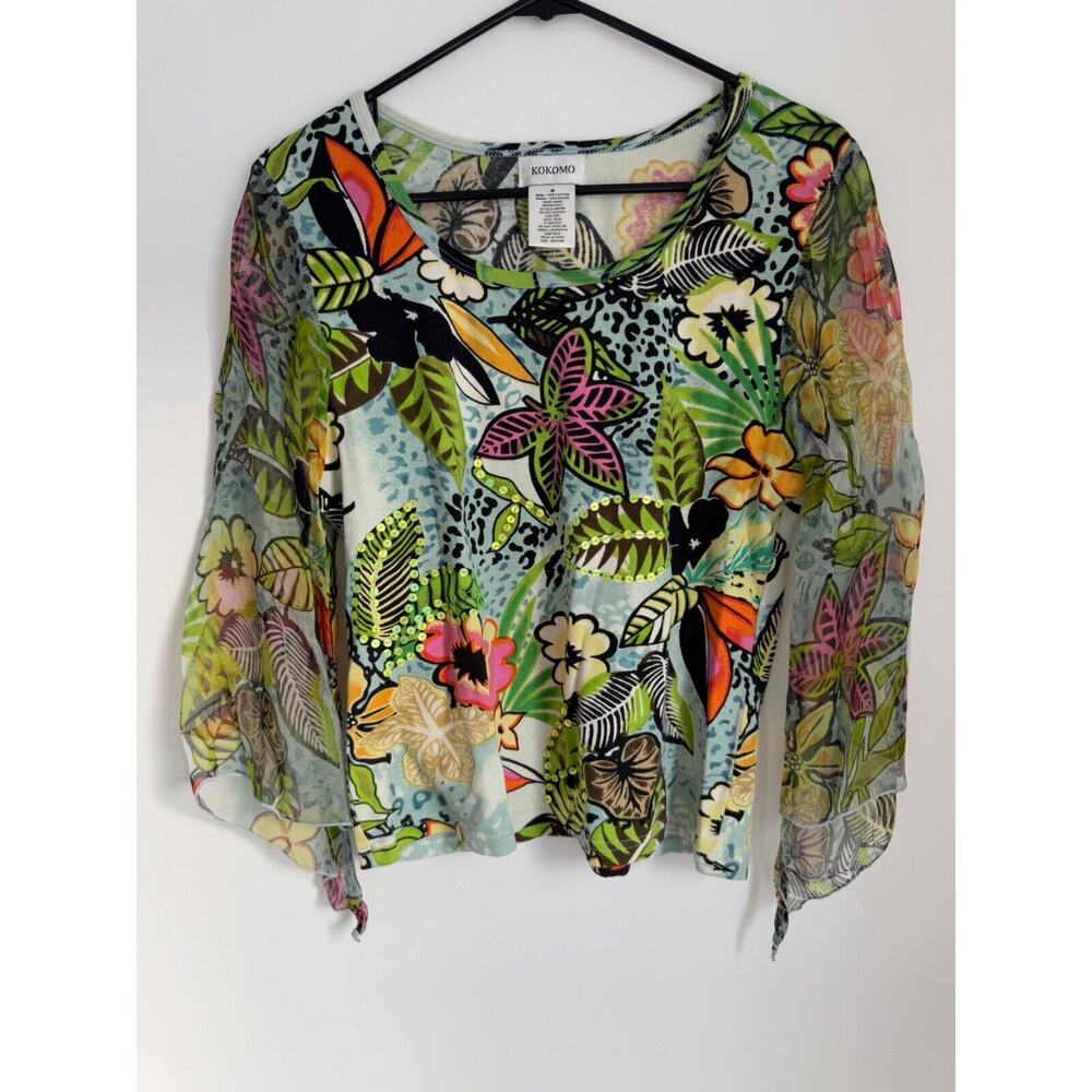 VTG KOKOMO Long Sleeve Mesh Top Floral Sequins Animal Print Cotton Multicolor